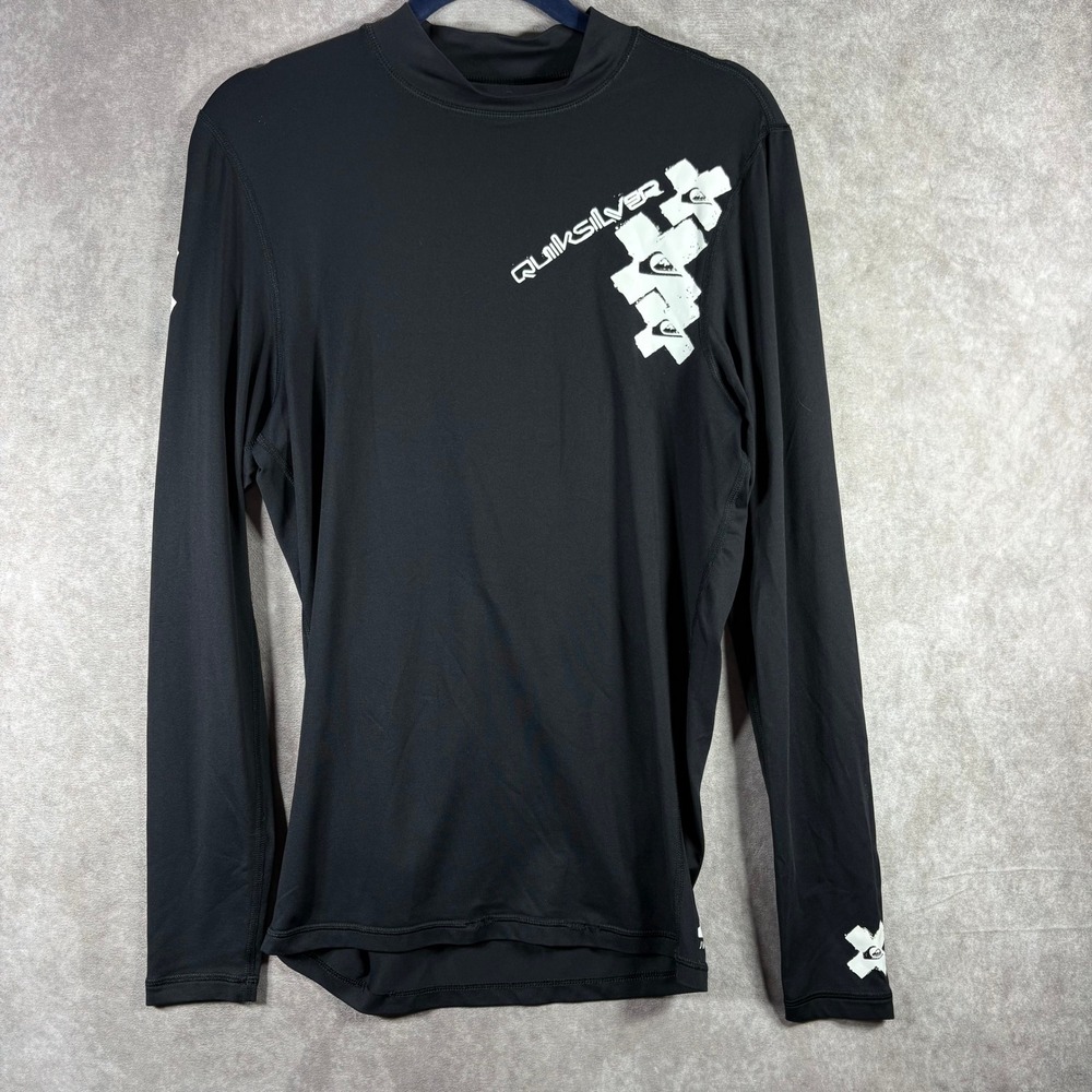 Quiksilver Rash Guard Mens Size XL Black UV Tech Long Sleeve Graphic Swim Surf